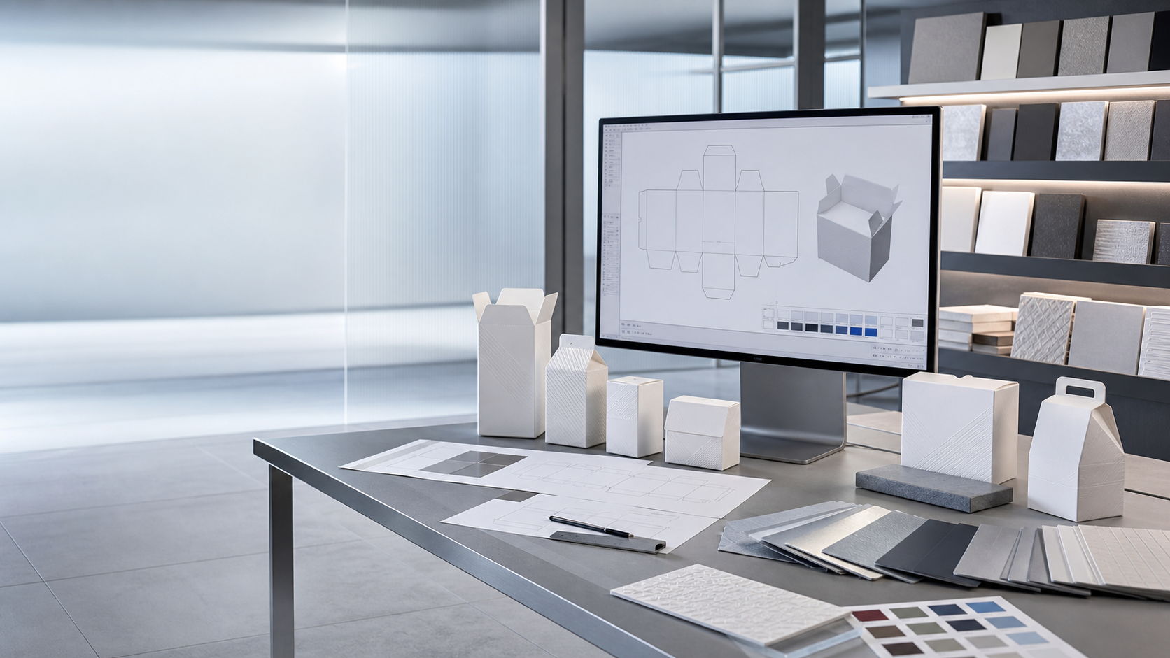 Professional packaging design workstation with structural prototypes, dielines and material samples